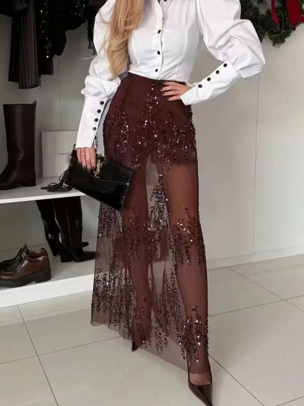 Coffee Brown Elegant Women's Sequin Embroidery High Waist Maxi Skirt